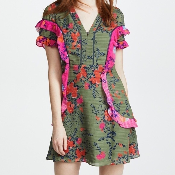 Tanya Taylor Rhett Floral Silk Mini Dress Green Size 4 Casual Cocktail v neck - Picture 2 of 8